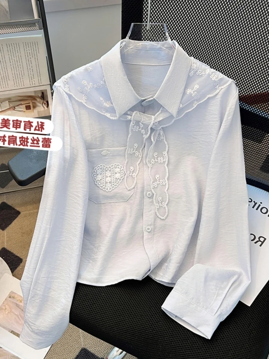 

Elegant Long Sleeve Women's Shirt with Bow Tie Lace Shoulder Cover Spring Fashion Pure Cotton Slim Fit Knitted Button down