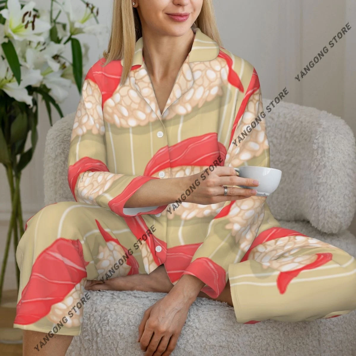 

Женские пижамы Tasty Sushi With Tuna, одежда для дома, одежда для сна из двух предметов, длинный пижамный комплект на пуговицах с длинными рукавами