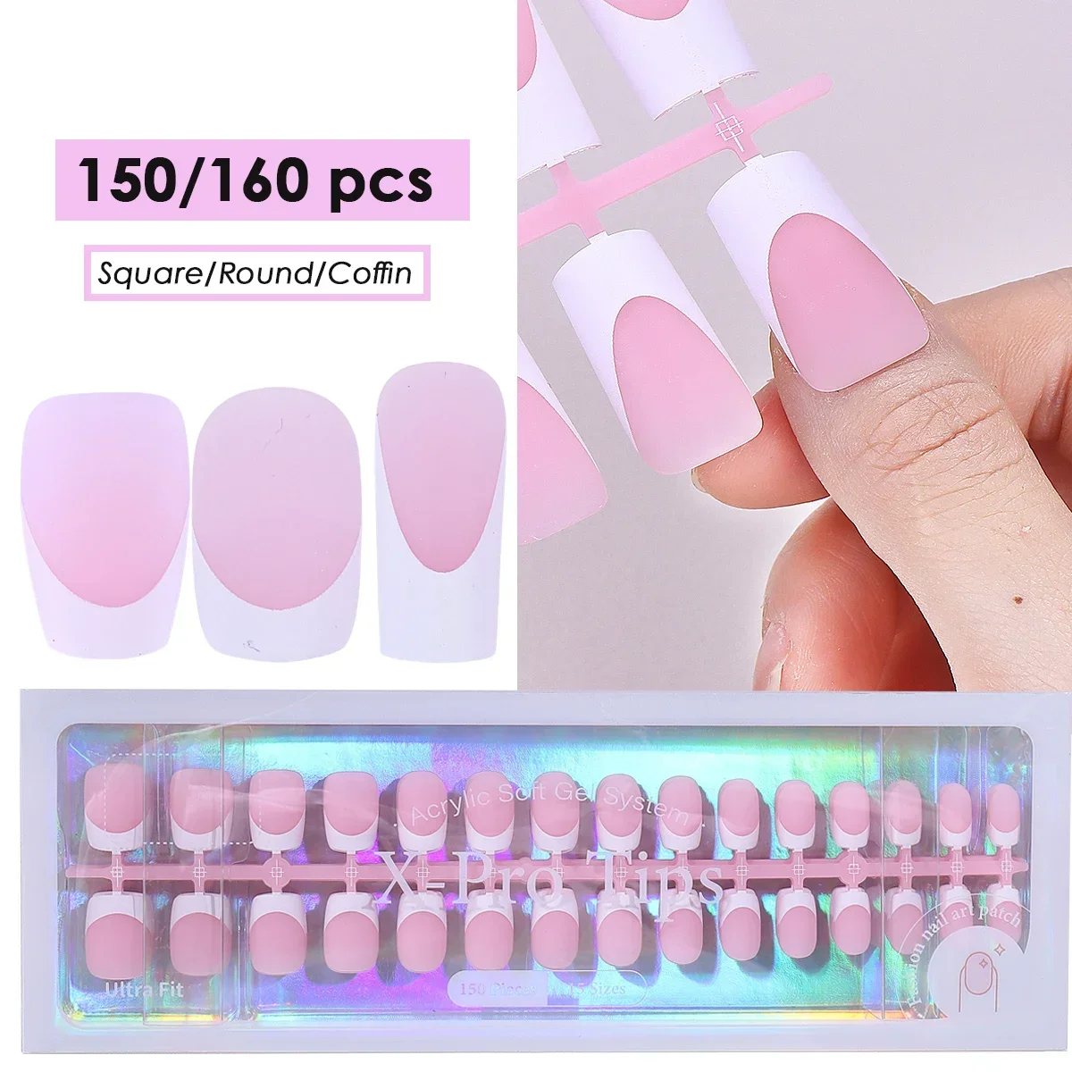 150/160개 누드 핑크빛 매트 프레스온 네일 팁 짧은 스퀘어 라운드 코핀 인조 가짜 네일 프렌치 디자인 무광 풀커버