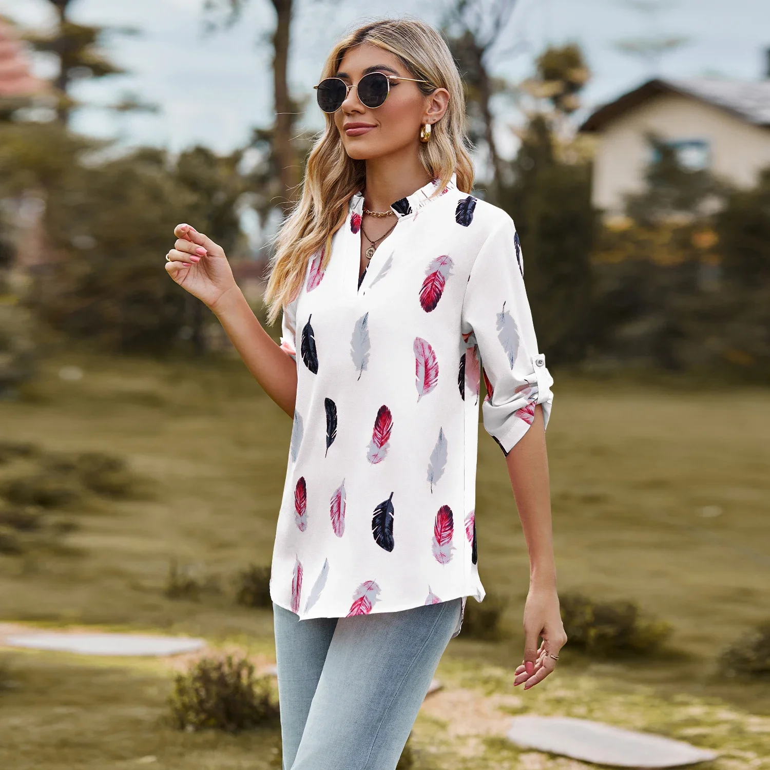 Fashion Woman Blouse Shirts For Women Stylish Top Half Sleeve Feather Pattern White Female Tops Chiffon Women\'s Autumn Clothing