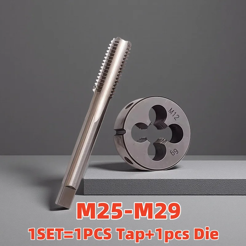 

1SET(1pcsTap+1pcs Die) HSS Metric Right Hand Screw tap and die set Round dies Fine Thread Straight Flute taps M25M26M27M28M29