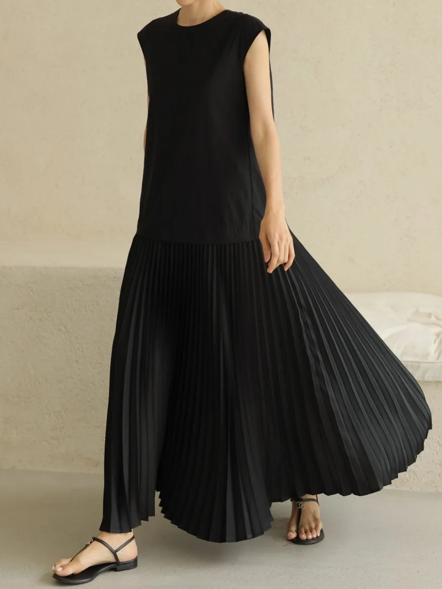 Chic Summer High-End round Neck Back Strap Splicing Pleated Design Vest Dress Women\'s Fashionable Commute Style All-Season Dress