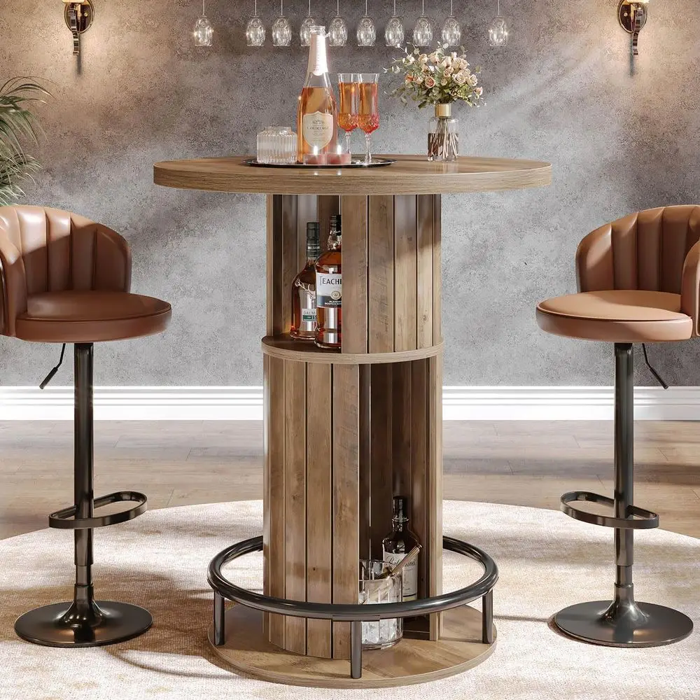 

Rustic Oak Wood Bar Height Table with Storage, 39.37 Tall, for Kitchen Dining or Bistro Space