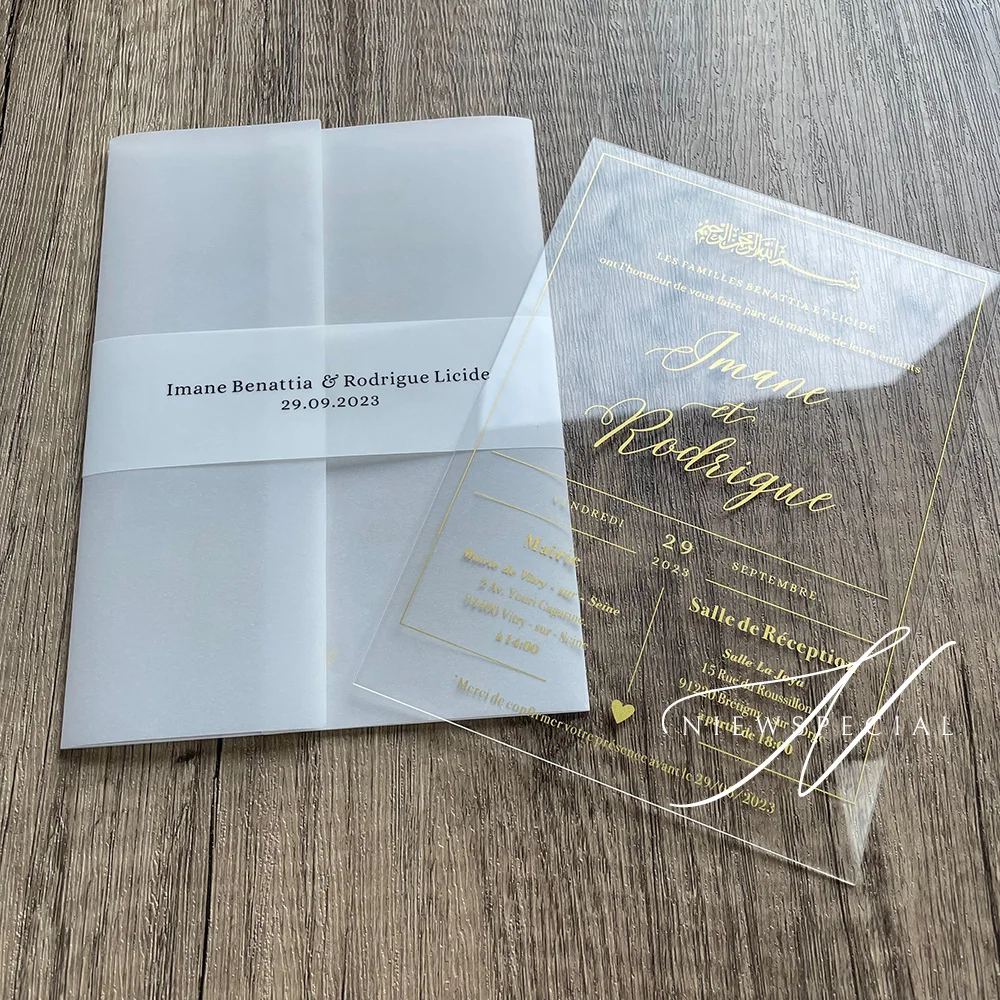 1mm Thickness Clear Acrylic Wedding Invitation 5*7 Inches Elegant Gold Color Printed Invitations with Vellum Wrap and Belly Band