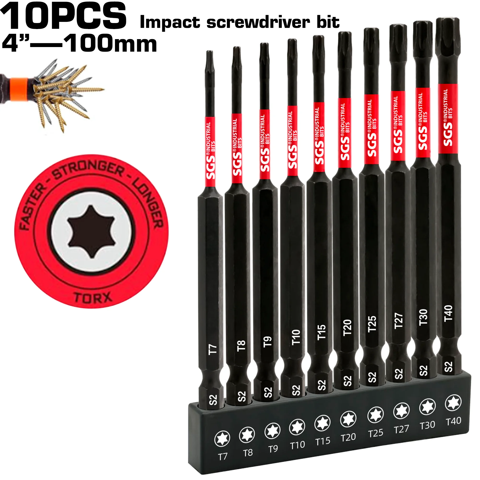 

10Pcs 100mm S2 Steel Impact-Resistant Rust-Proof Black and Red Dual-Color Torx Screwdriver Bit Set, the First Choice for Home Repairs