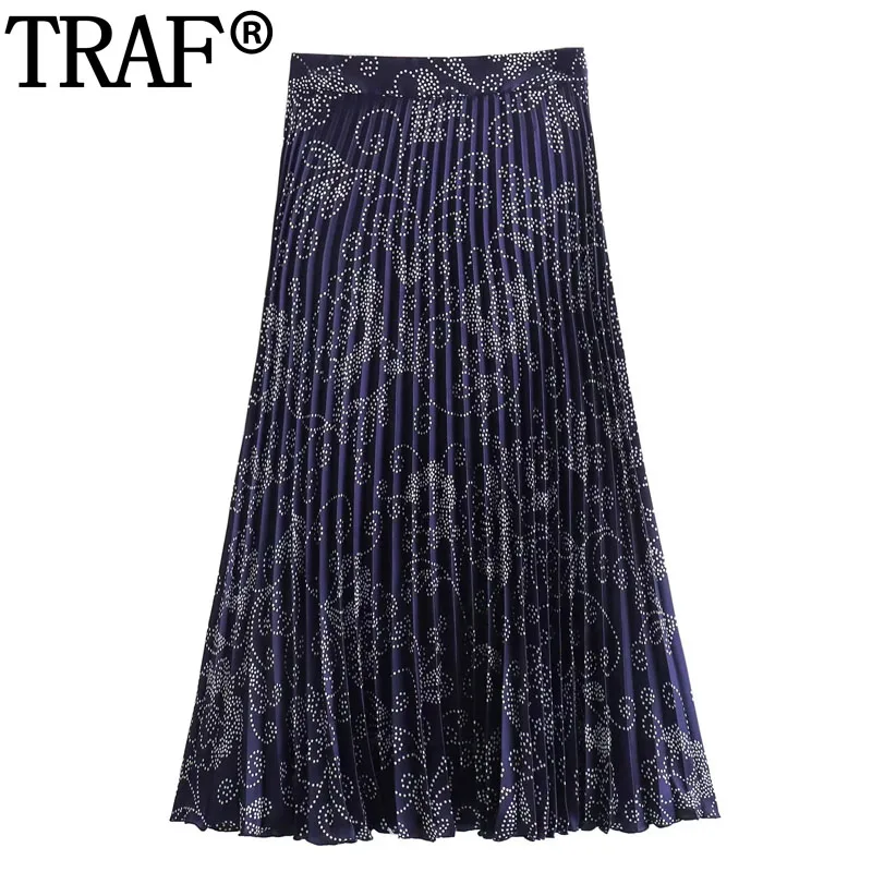 TRAF 2024 Pleated Long Skirts For Women Vintage Print Midi Skirt Woman High Waist Summer Skirt Ruched Elegant Women's Skirts