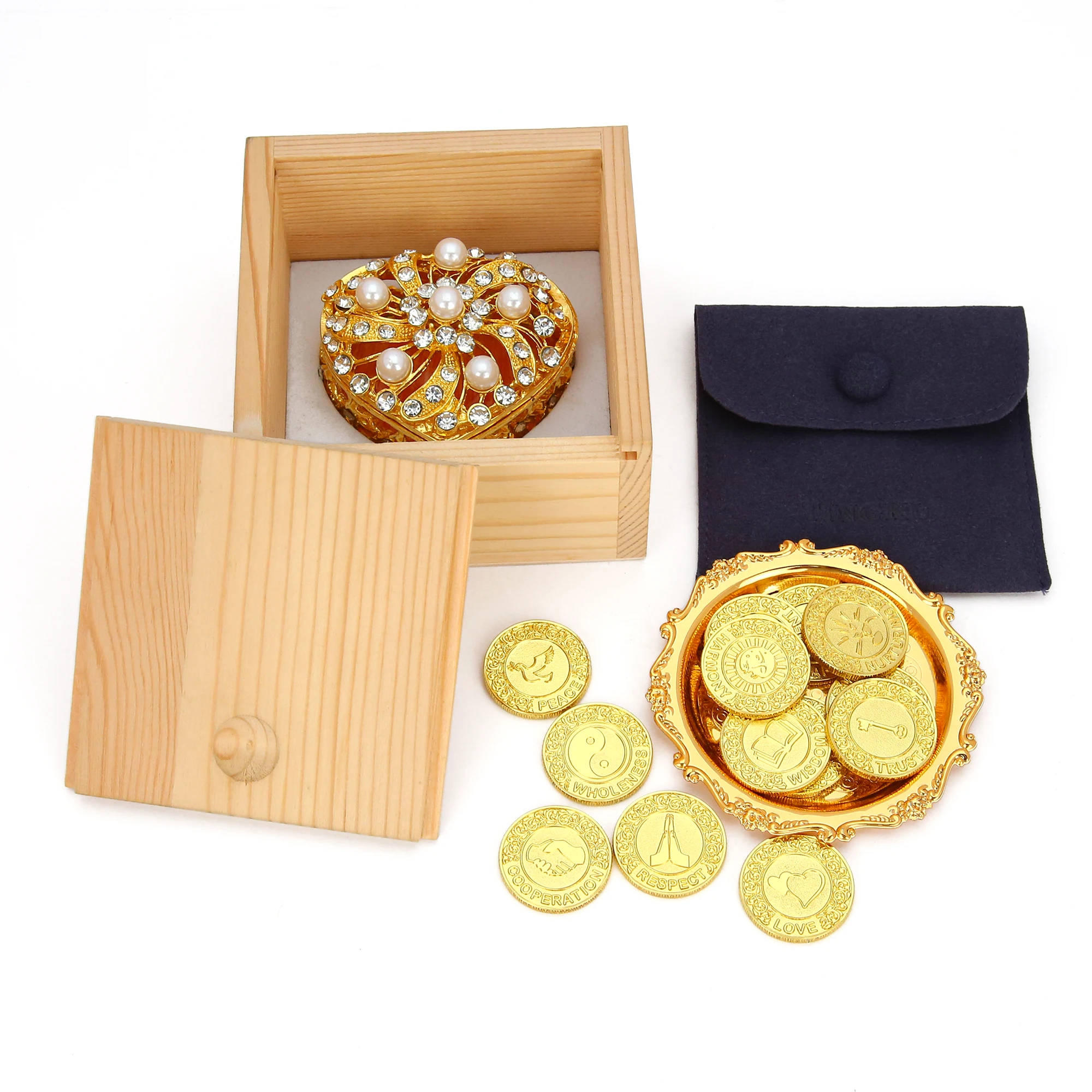english-wedding-arras-coins-set-with-pearls-windmill-heart-box-slide-wooden-box-and-round-tray
