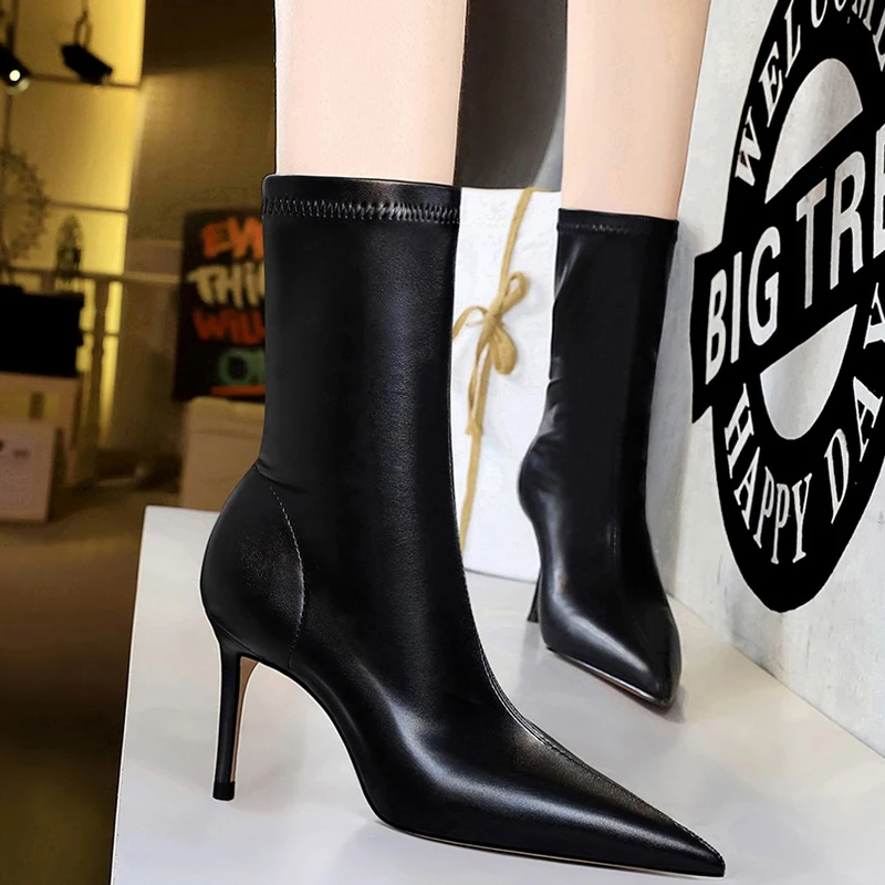 BIGTREE Shoes Pu Leather Boots Women Ankle Boots Sexy High-heel Boots Autumn Winter Shoes Short Boots Plus Size 43 Women Heels