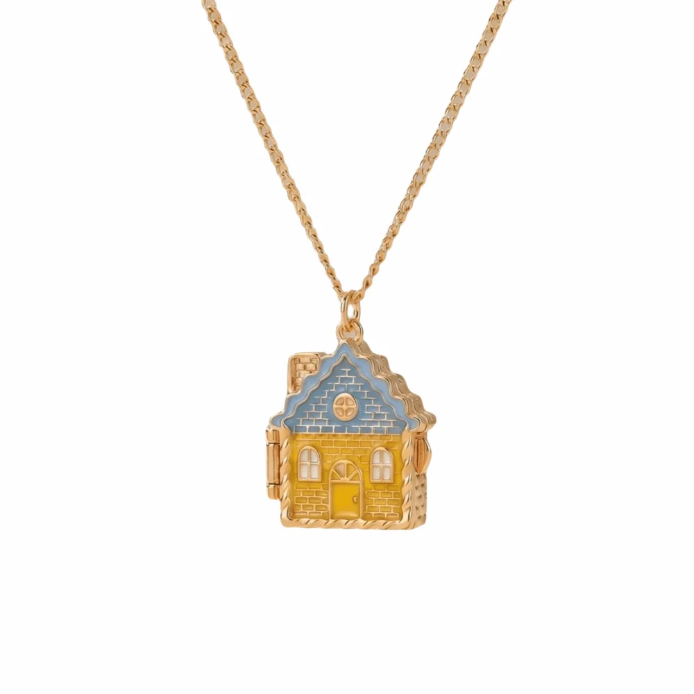 Colorful Gingerbread House Necklace Fairy Tale Enamel House Opening and Closing Box Necklace Jewelry Gift Open and Close Pendant view 2