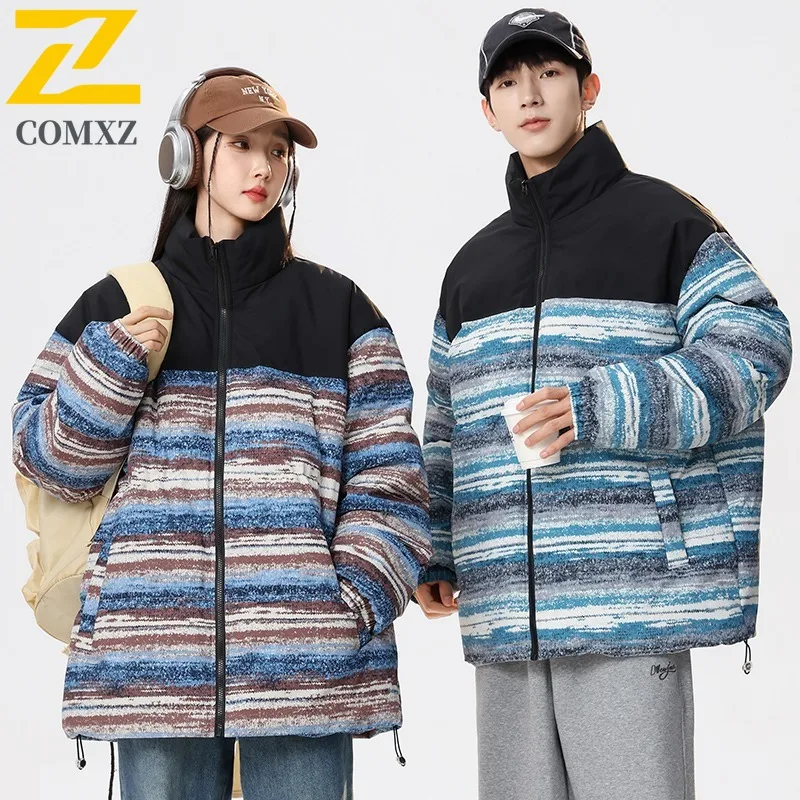 COMXZ 2025 Winter Stand Collar Color Block Padded Coat Unisex Casual Sports Outwear Candy Color Trendy Warm Couple Jacket