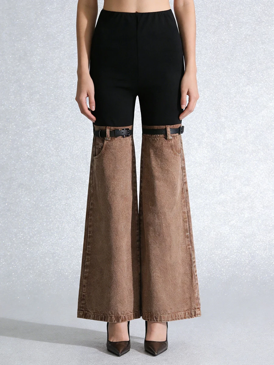 TWOTWINSTYLE Edgy Outings Two Tone Design Flared Pants for Women High Waist Slimming Buckle Accent for Themed Music Festivals