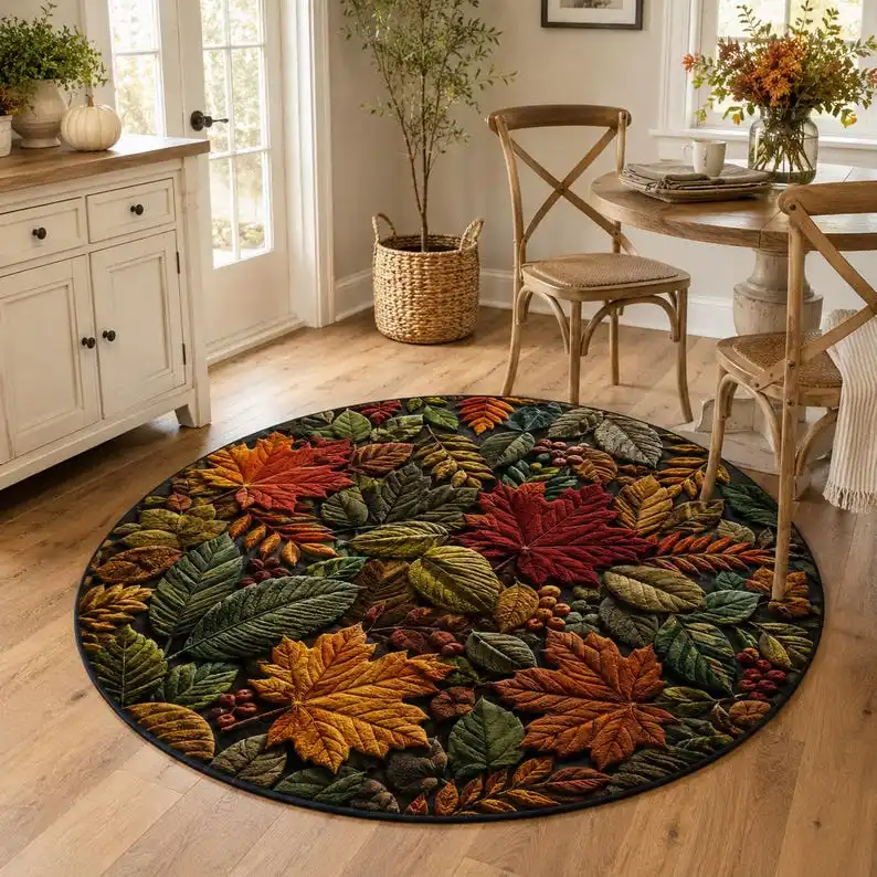 Autumn Leaves Round Rug, Fall Foliage Maple Leaf Rug, Botanical Forest Floor Carpet, Cottagecore Thanksgiving Home Decor