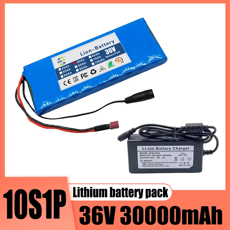 10S1P large capacity battery pack 36V 30Ah with BMS 18650 lithium-ion rechargeable battery, multiple plug options
