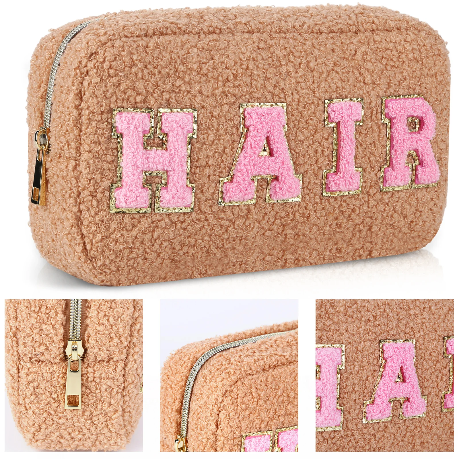 Preppy Fluffy Cosmetic Storage Pouch Chenille Letter Makeup Organizer Storage Bag Travel Makeup Pouch Gift for Women and Girls