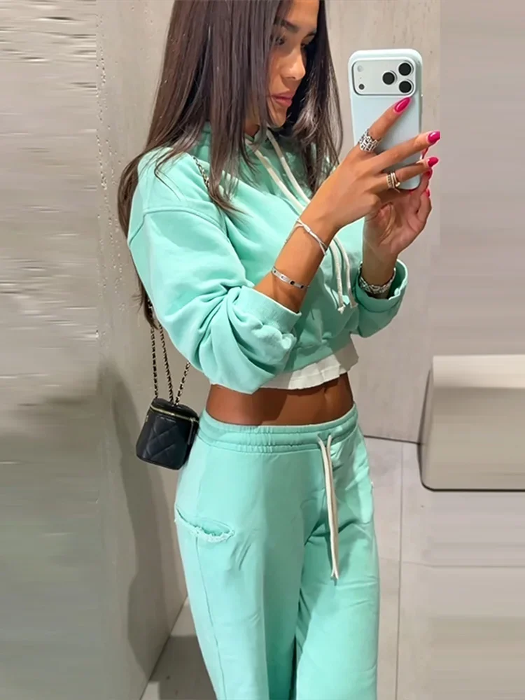 Women's 2-piece Sets Trousers Suits Hooded Jacket Short Top Long Sleeve Hoodies Drawstring Waist Wide Leg Pants Autumn Clothes