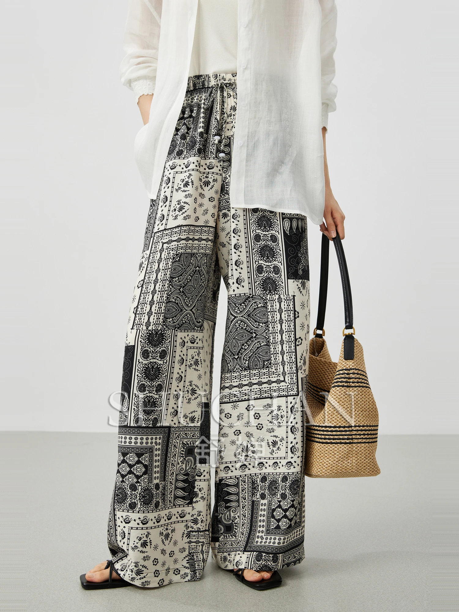 

Irregular Retro Ethnic Style Printed Drawstring Elastic Waist Literary Lazy Straight Casual Pants Women Pantalones Mujer Verano