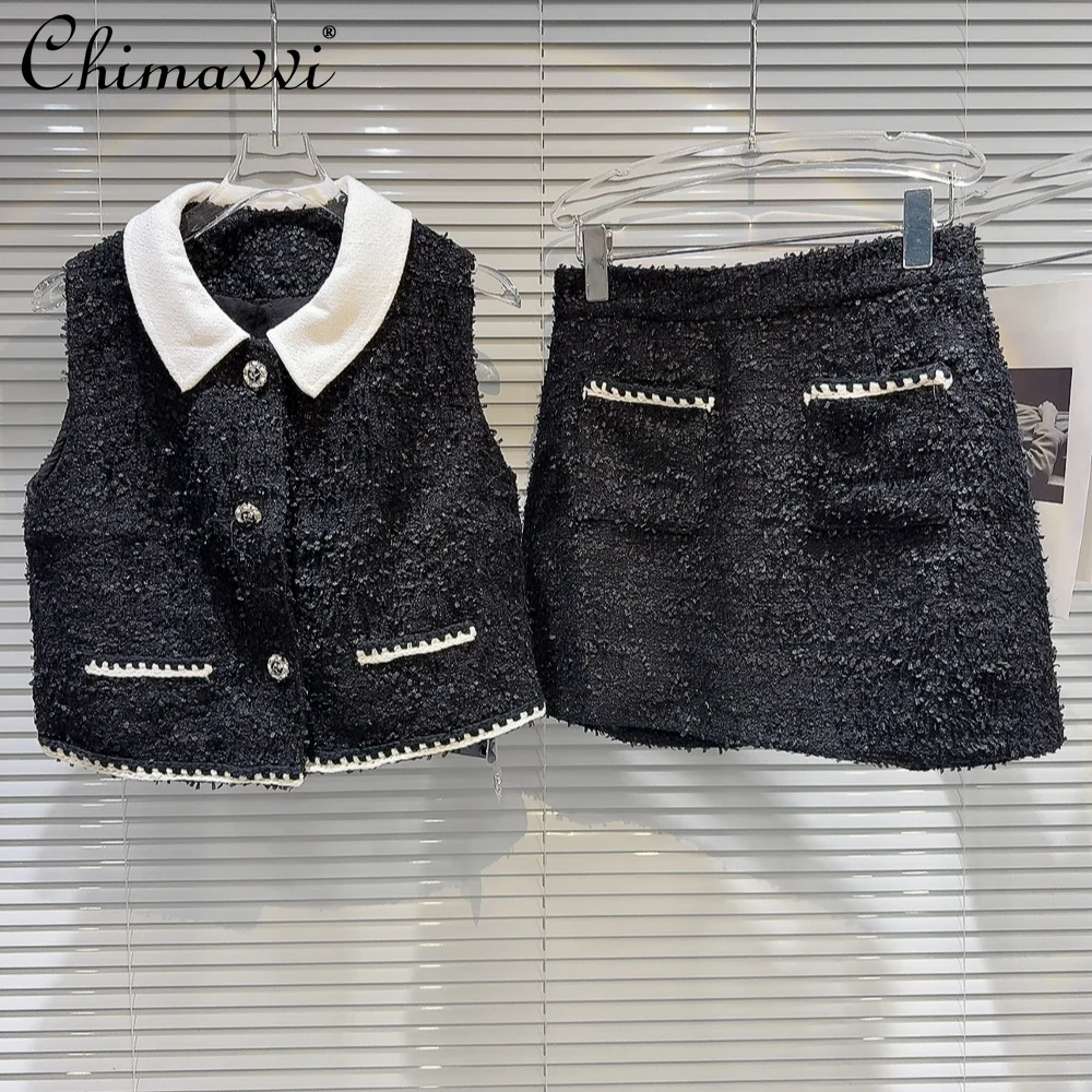 

French Fashion Commuter Rhinestone Buckle Single-Breasted Sleeveless Tweed Vest Top High Waist Short Skirt Two-Piece Set Women