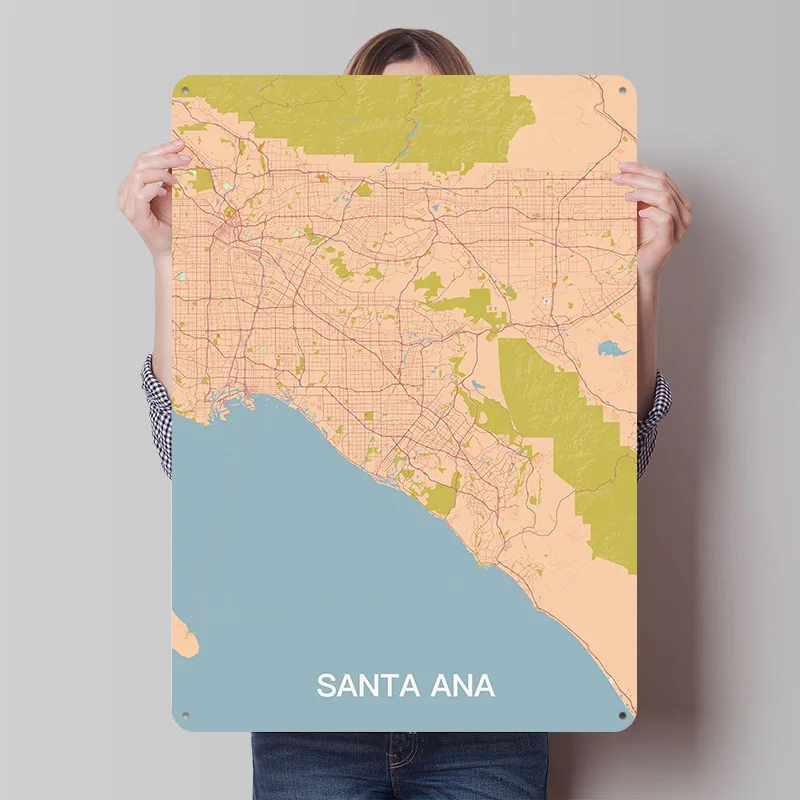 Pôster de Mapa da Cidade de Santa Ana Personalizado, Arte de Parede Retrô, Placas de Metal Vintage para Decoração de Quarto, Casa e Espaços de Jogos