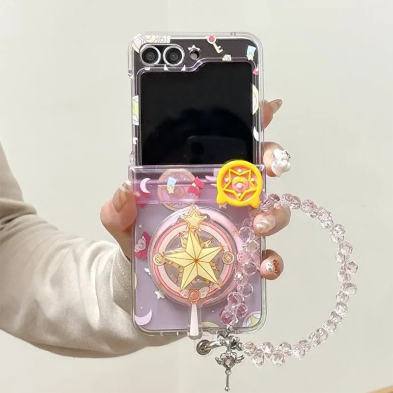 

zflip7 case with Magical Girl Wand Magnetic Stand case For Samsung Z Flip 7 6 5 with Crystal Lanyard Hinge Protective Cover