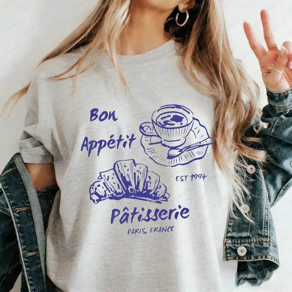 Women's Bon Appetit Patisserie Paris France T-Shirt French Coffee Croissant Graphic Tee Cotton Aesthetic Parisian Food Lover Top
