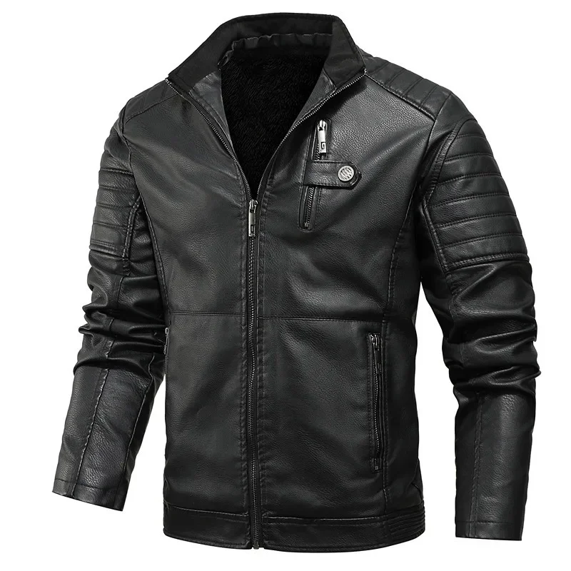 Giacche in pelle invernali da uomo in pile Warm PU Leather Caots New Fashion maschile colletto in piedi giacche in pelle da Moto abbigliamento da