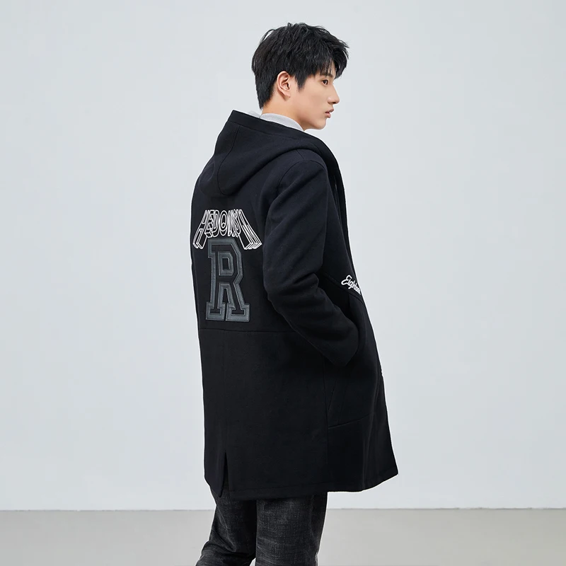 

Faionable Winter Wool Cotton Hooded Coat Men's Sli Versatile Mid-Length Busin Casual Loose Fit Youth ular Coat