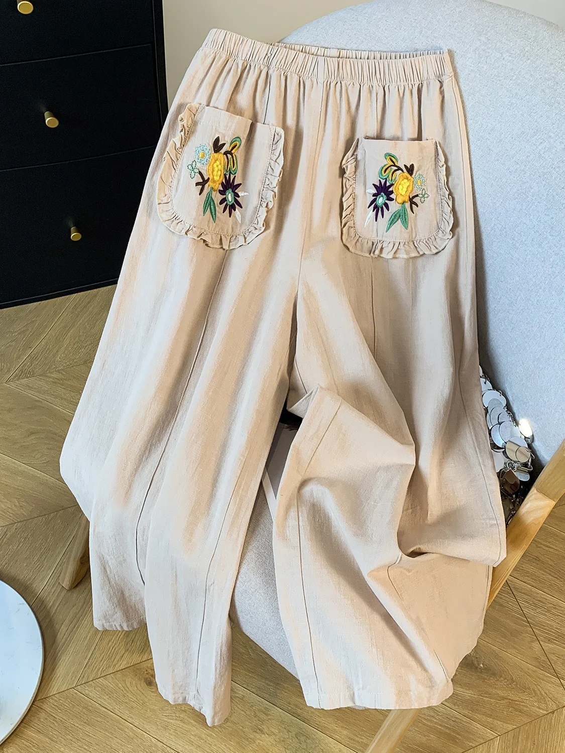 

Korean Japanese Cotton Linen Wide Leg Pants Embroidered Loose Fit Slimming Casual Nine Point Pants Vintage Straight Cut