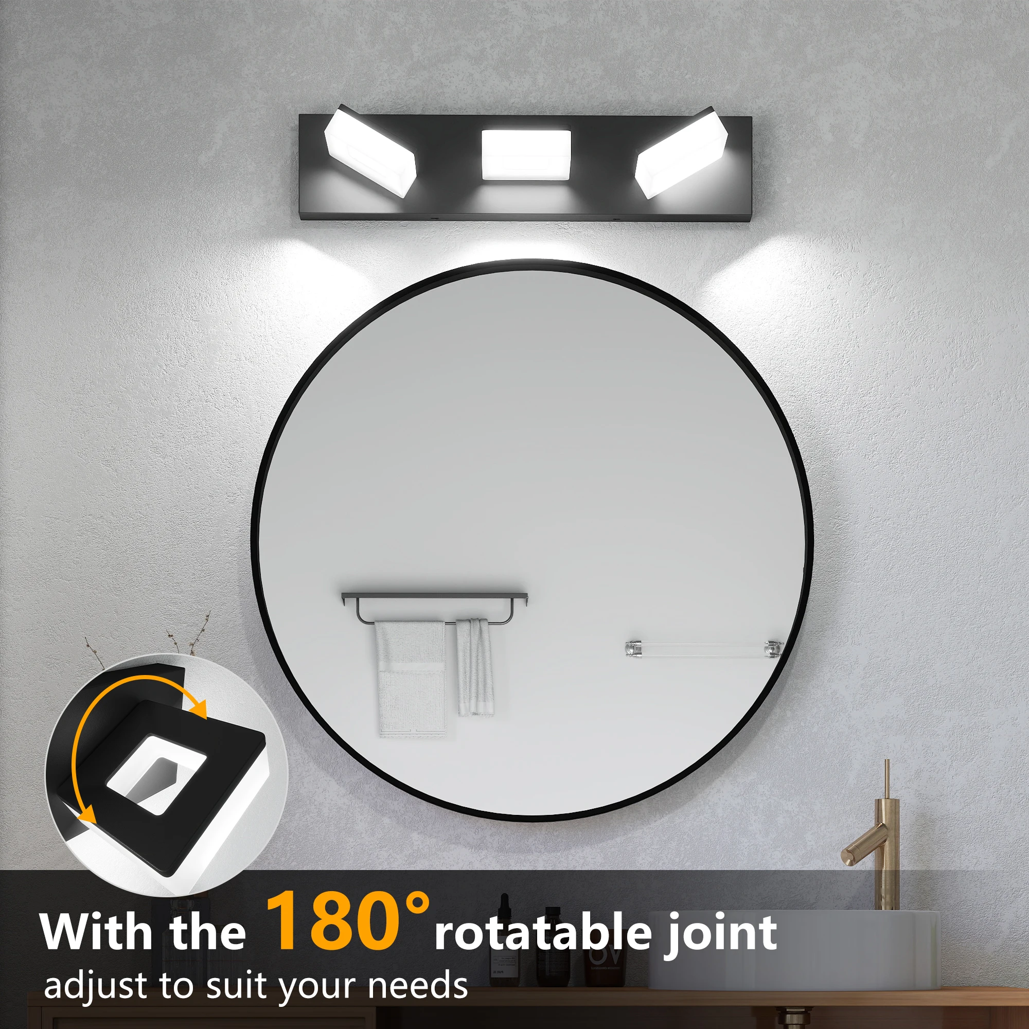 L002013-W3B Lampada frontale a specchio in stile moderno può ruotare di 180 gradi, impermeabile e antiruggine, certificata di sicurezza elettrica, adatta per lavabo da bagno, sorgente luminosa a LED, dimmerabile, design semplice
