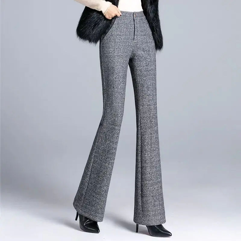 Office Lady Fashion Thicken Wool Flare Pants Autumn Winter New Korean Slim High Waist Wide Leg Women Solid Casual Suits Trousers