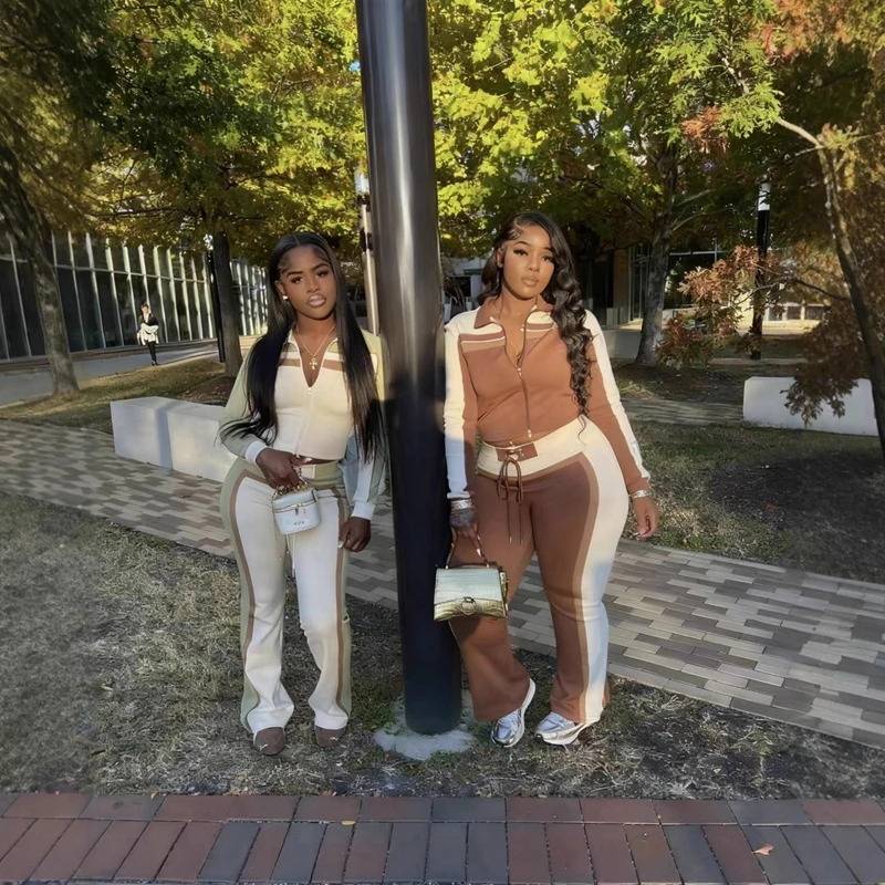 STYLOWY DAMSKI ZESTAW SPORTOWY PATCHWORKOWY 2-CZĘŚCIOWY: DAMSKA KURTKA Z DŁUGIM RĘKAWEM NA ZAMKIE BIEGOWE I SPODNIE Z SZARŻĄ, ZESTAW DLA NAJAZDÓW NA JESIEŃ 2025, CASUALOWE DRESY