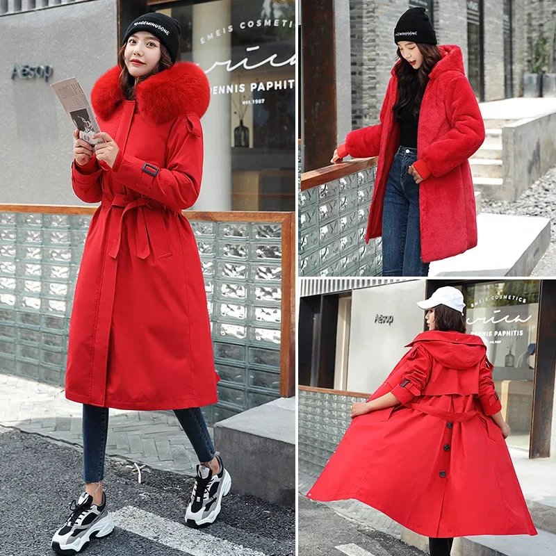 

Wearing on Three Sides Women's Parkas Fur Lining Removable Coat Thickening Warm Hooded Long Styles Woman Jacket Fashion Bow Belt
