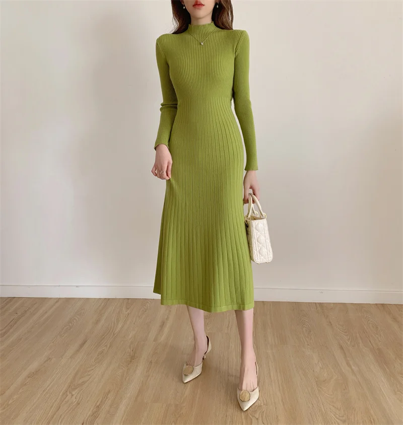 Autumn Winter 2024 Slim Long Sleeve Party Midi Dress for Women Knitted Half High Collar Elegant Knitted Sweater Dresses Ladies