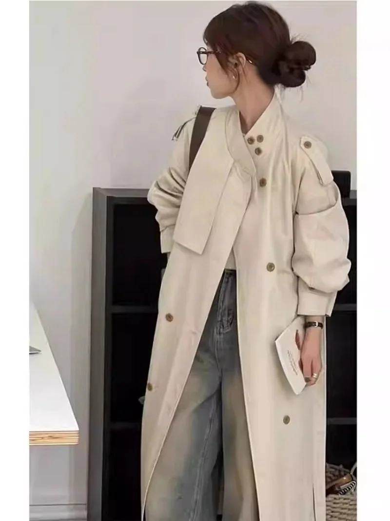 

Бежевый плащ для женщин весной и осенью 2023 года, новый корейский стиль, средней длины, британский стиль, высококачественная ветровка с поясом w1232