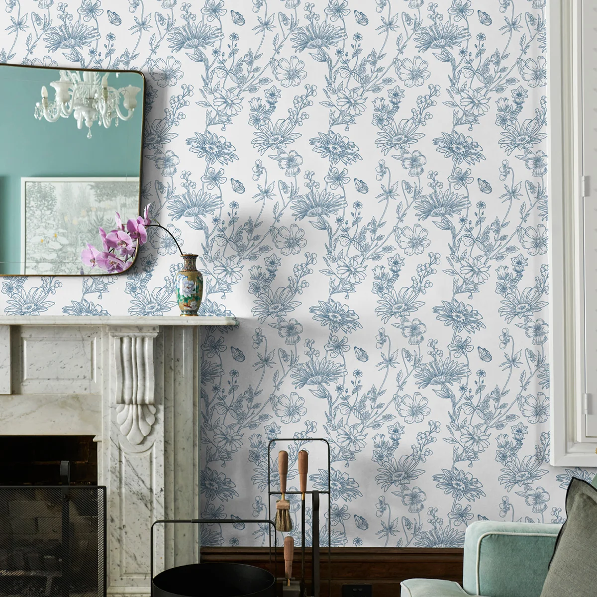 Blue Floral Sketch Peel And Stick Wallpaper Morden Waterproof Kitchen And Bathroom Wall Decor Elegant Self Adhesive Wallpaper