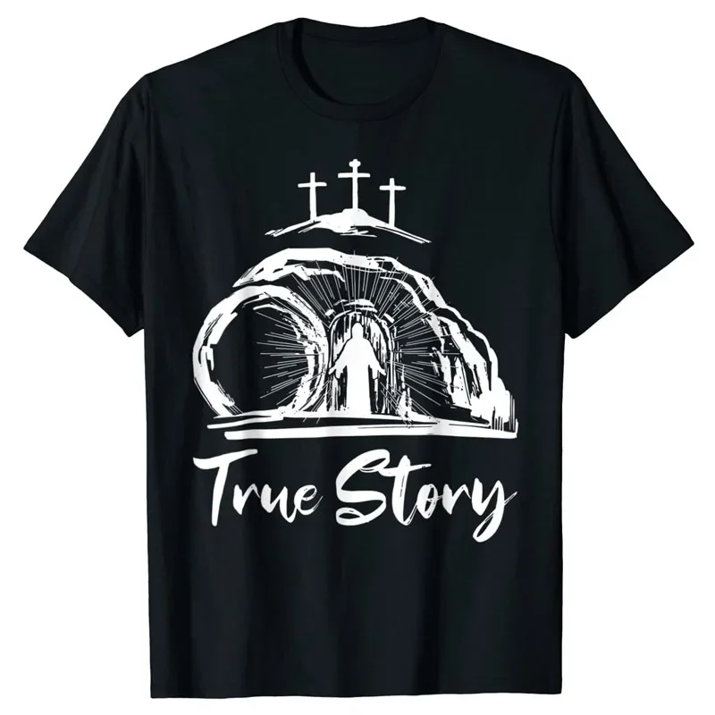 Camiseta Feminina de Manga Curta com Estampa Divertida de Fé: Ele Ressuscitou - Cruz de Cristo, Jesus, Páscoa, História Verdadeira Cristã