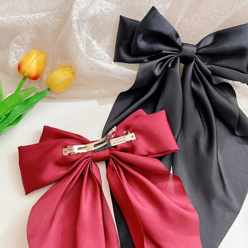 Fashion Bow Ribbon Hair Clip for Women  Elegant Solid Satin Hairpin Retro Bow Spring Clip Girls Headband Hair Accessories