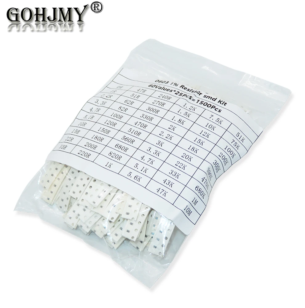 1500Pcs SMD 0603 Resistors Assorted Set 60 Values*25Pcs 0ohm - 10M Ohm 1/10 Watt 1% High Precision Film Chip Resistance Kit
