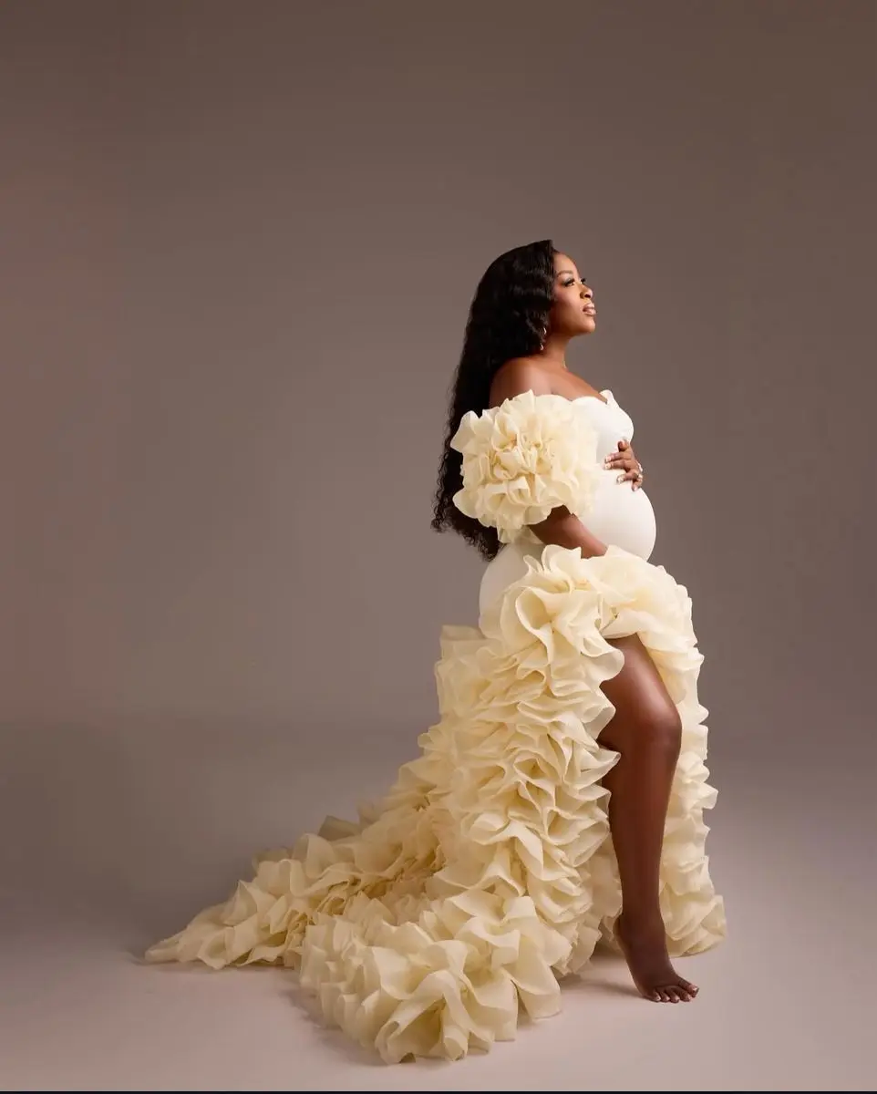 Light Yellow Mermaid Maternity Dresses for Photoshoot Pregnant Women Robes Customized Ruffles Puffy Sleeve Evening Gowns image 3