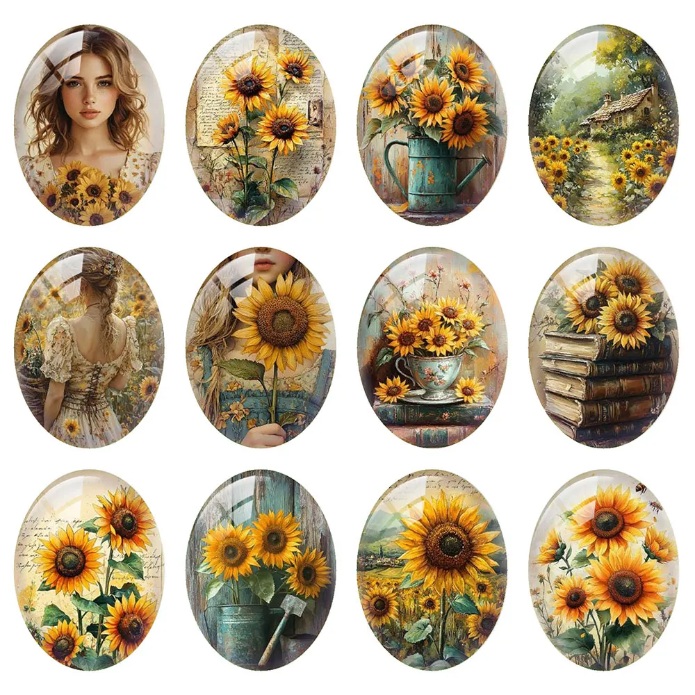 Random Mixed Round/Oval/Square Sunflowers Girl Retro Rural Photo Glass Cabochon Flatback Demo Cameo For Diy Jewelry Making