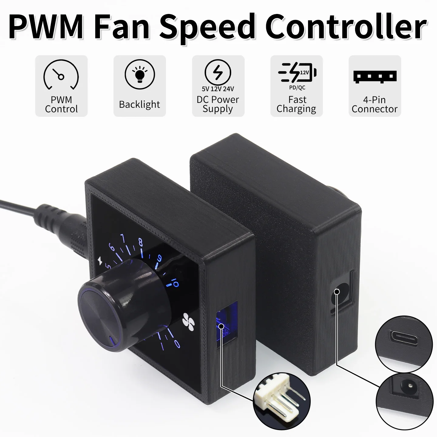 4-Pin 12V PWM Fan Speed Governor Controller Backlight Type C PD/QC Fast Charging DC5521 For PC Cooling