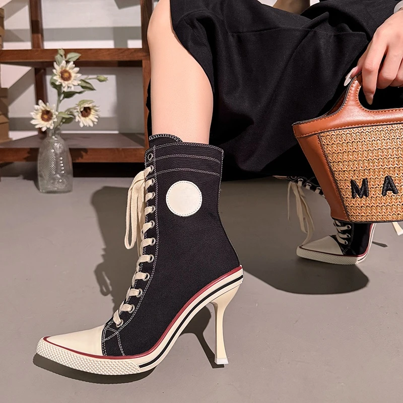 Pointed Canvas High-Heel Ankle Boots Vintage Lace-Up Side Zipper Slim Heel Niche Design Hot Girl Mid-Calf Boots view 2