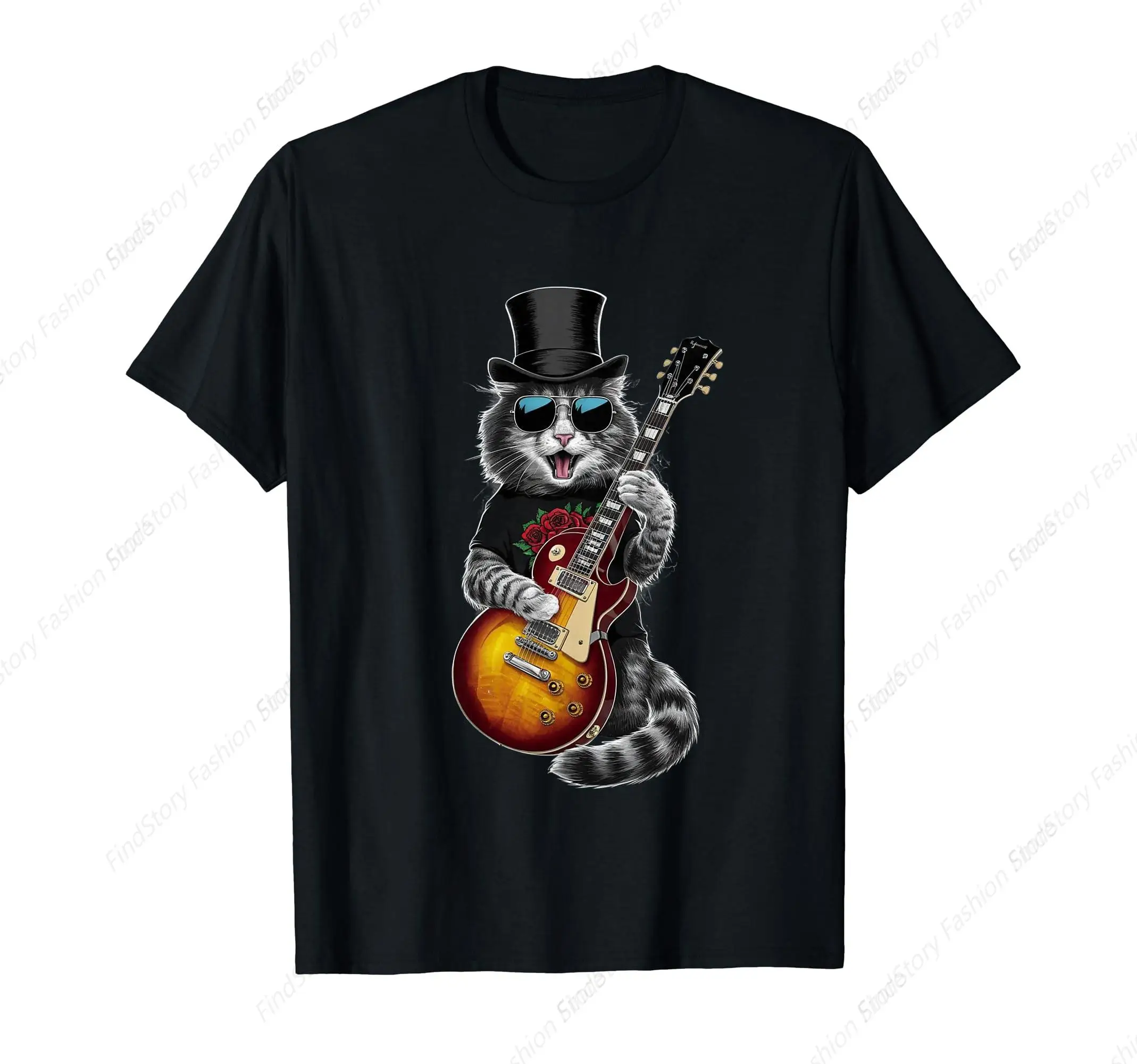 

Funny Cat Playing Guitar T-Shirt for Men Washed Cotton Vintage Short Sleeve Crew Neck Clothing Fashion Streetwear Sports Tops