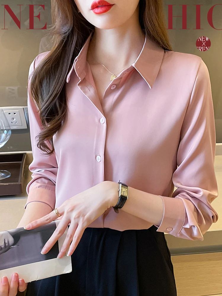 2024 Minimalist Long Sleeve Satin Blouses Shirt Women Korean Style Solid Loose Shirts Blouse Female Casual Clothes OL Ladies Top