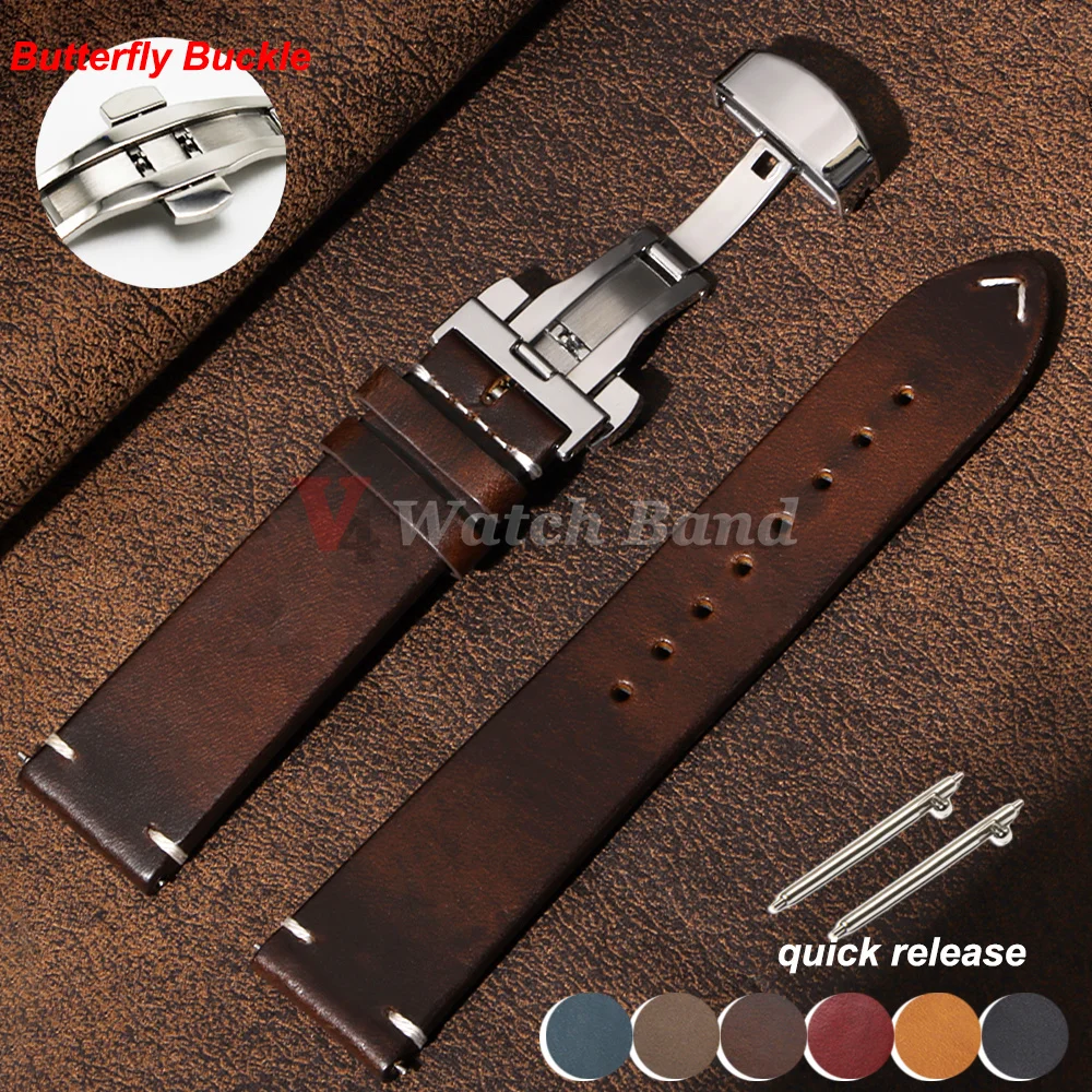 Goldene Schmetterlings-Schnalle Vintage Weiches Ölwachs-Uhrenarmband 18mm 19mm 20mm 21mm 22mm 24mm Armband Schnellverschluss-Uhrenband – Detail 2