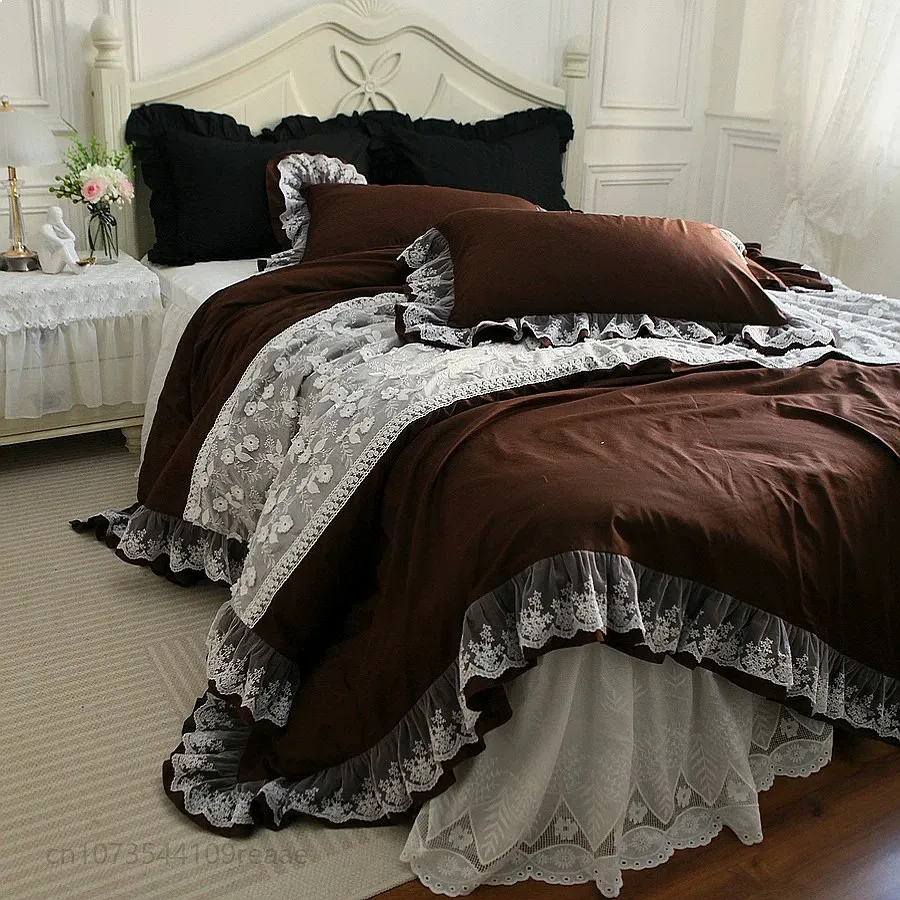 French Korean Princess Style 3D Embroidery Coffee Cotton Bed Skirt 4Pcs Bedding Set