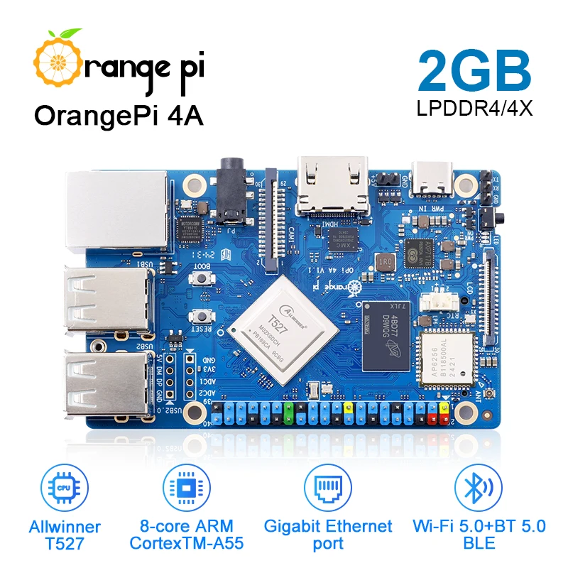 Orange Pi 4A 2GB RAM LPDDR4/4X Single Board Computer Allwinner T527 CPU,2 TOPS NPU,Gigabit Ethernet SBC ,M.2 2280 Slot, WiFi+BT