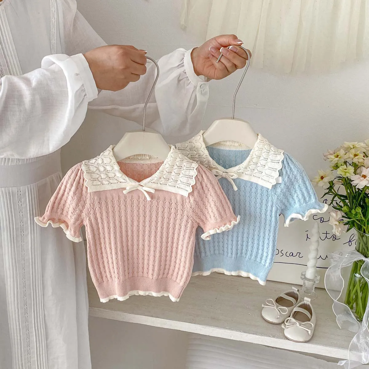 Women's Children's Clothing Pullover Collar 2026 Summer New Knitted Sweater Thin Style Contrasting Color Cute Short Sleeved Top