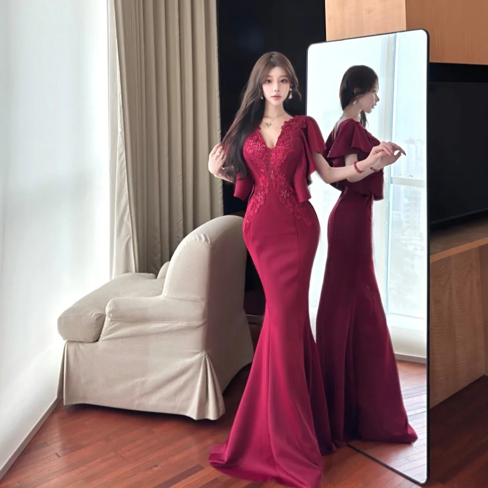 2025 francese elegante leggero lusso elegante abito da sera lungo donna backless scollo a V sexy abito sottile chic abbigliamento formale per occasioni