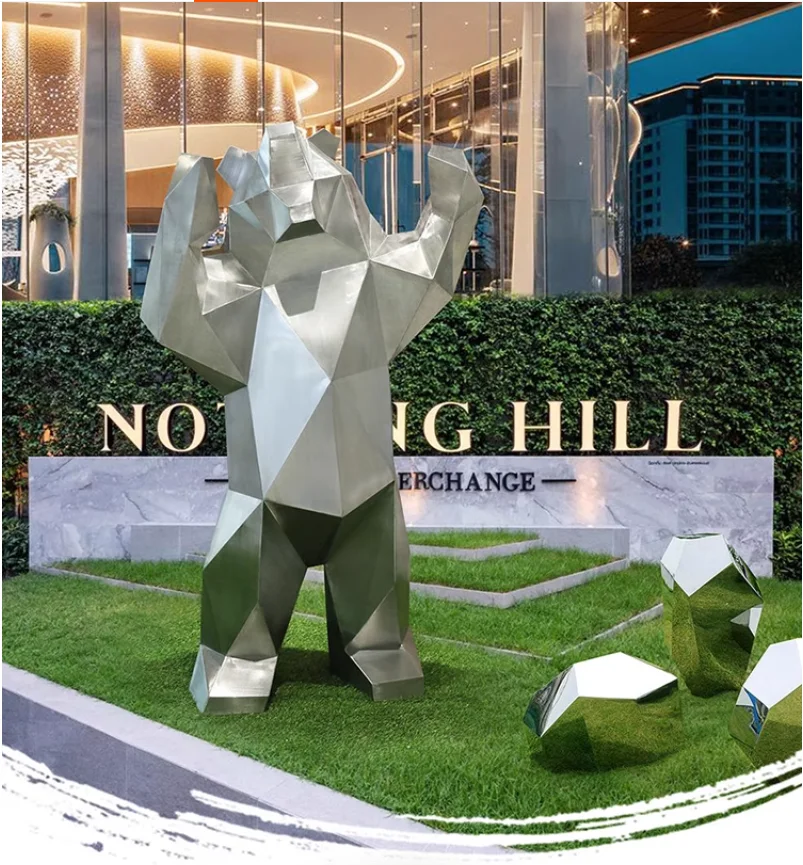 Hotel Lobby Park Floor outdoor geometric bear stainless steel polar bear sculpture artwork large outdoor decoration