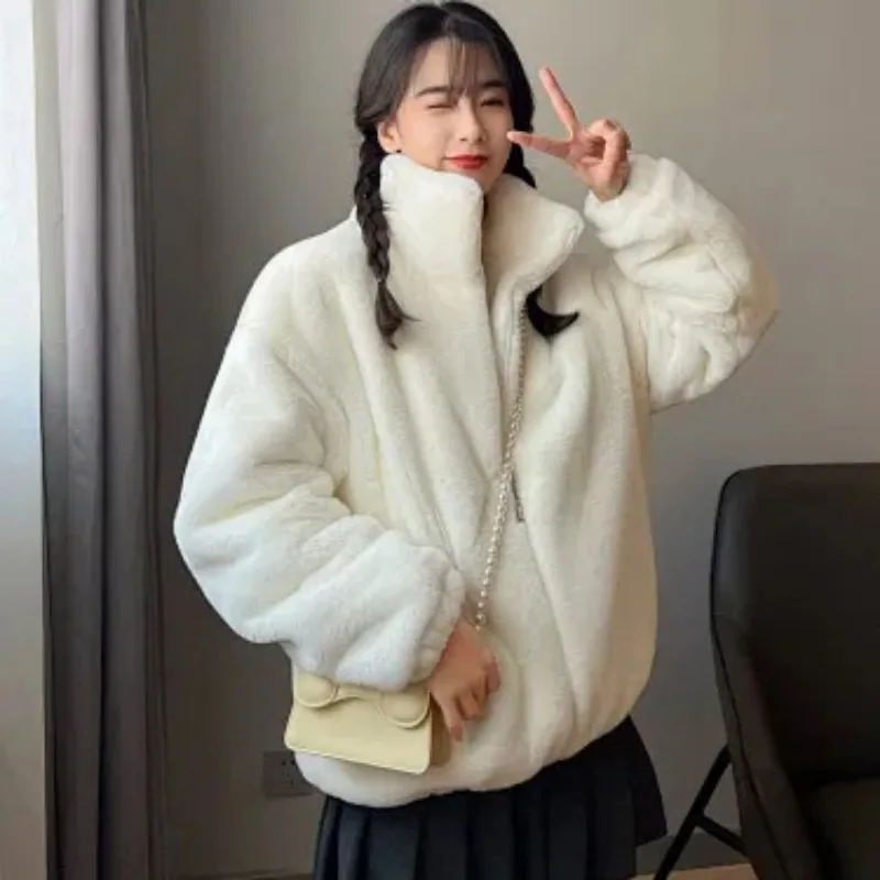 High Collar Faux Rabbit Fur Jacket Women Autumn Winter Warm Solid Fluffy Zip Coat
